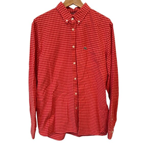Lacoste Shirt Size Large Regular Fit Button Front Long Sleeve Gingham Cotton Red - Picture 1 of 9